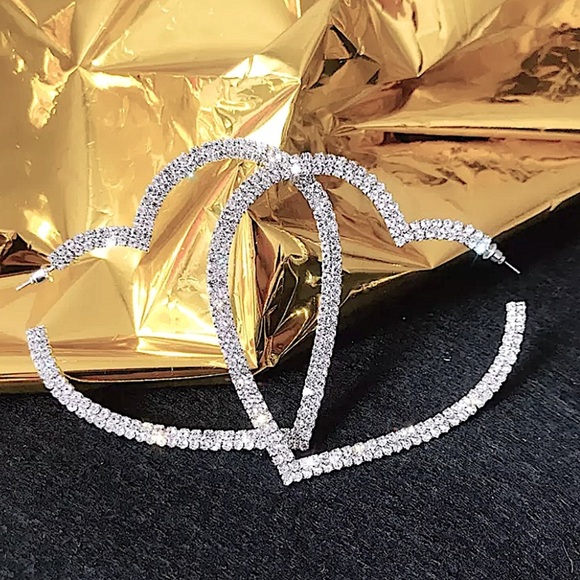 White Gold Plated Oversized Diamond Heart Hoop Earrings - Picture 11 of 14